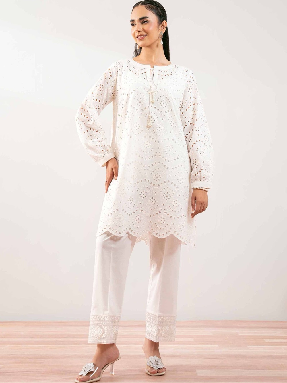White Eyelet Kurta Tunic with Scalloped Hem